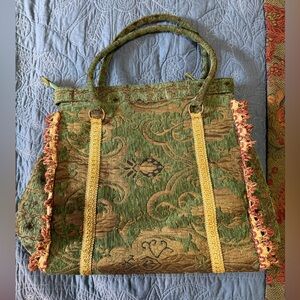 Green Floral Tapestry Carry On Carpet Bag Mary Poppins Vtg Tote Purse Gypsy Boho